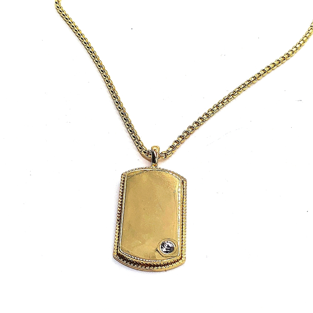 GUESS 24" Gold Dog Tag Pendant Necklace with Single Cubic Zirconia Crystal